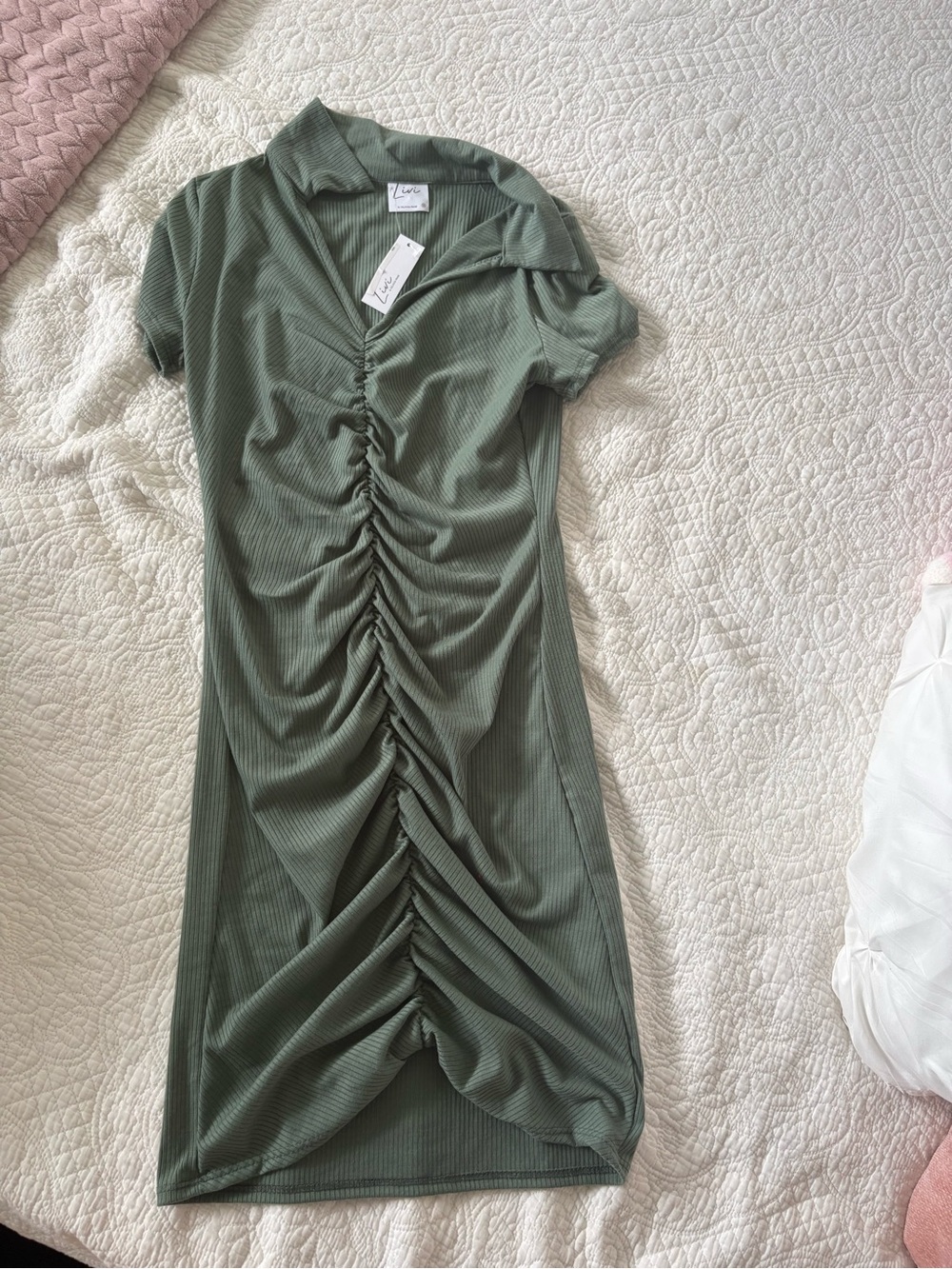 Lush Olive Ruched Front Polo Dress